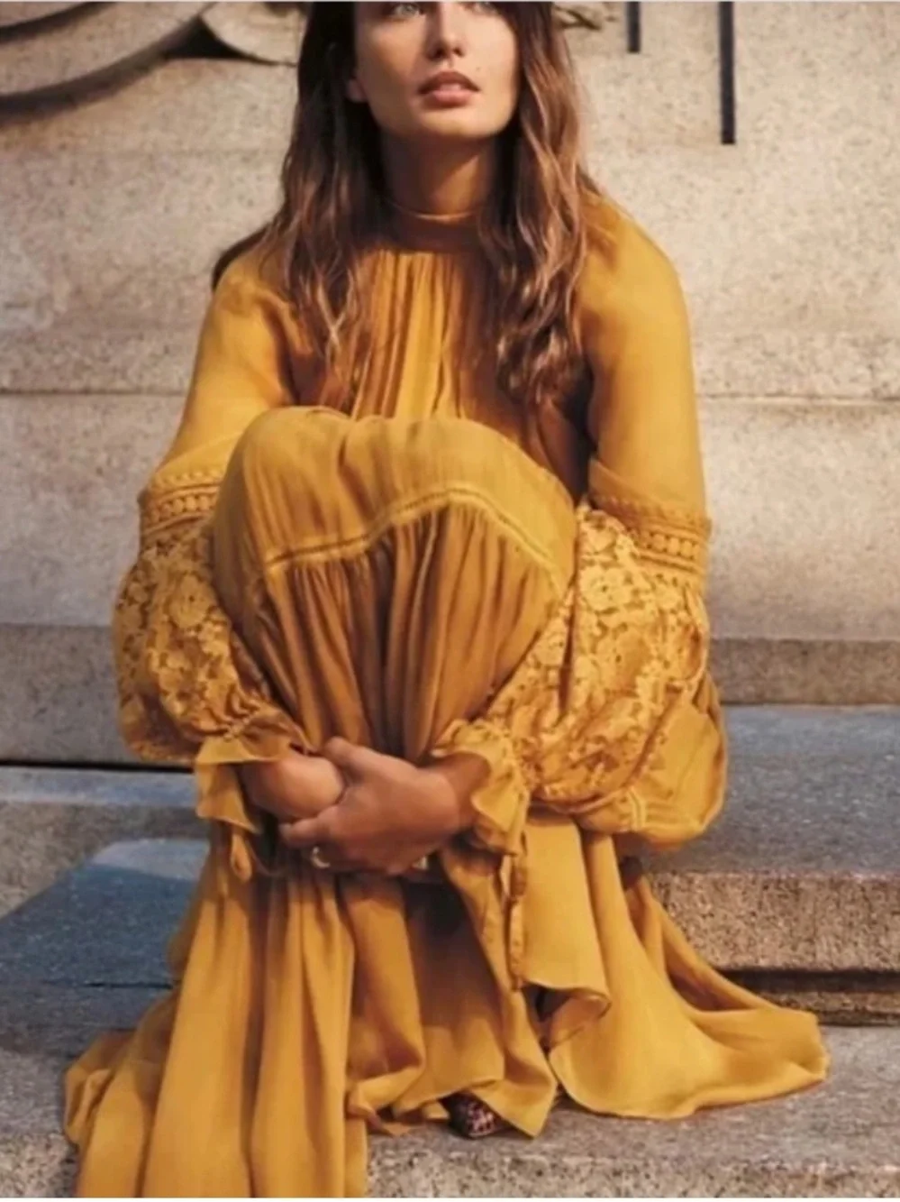 Anthropologie Atsu Aubriana Ruffled Mustard Yellow Lace-Sleeve Maxi Dress